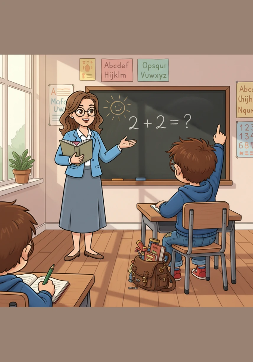 The teacher smiles and steps to the chalkboard, drawing a large glowing sun, a small moon, and a blue-green Earth in a straight line. She explains that they are witnessing a solar eclipse, a rare moment when the Moon passes directly between us and the Sun.