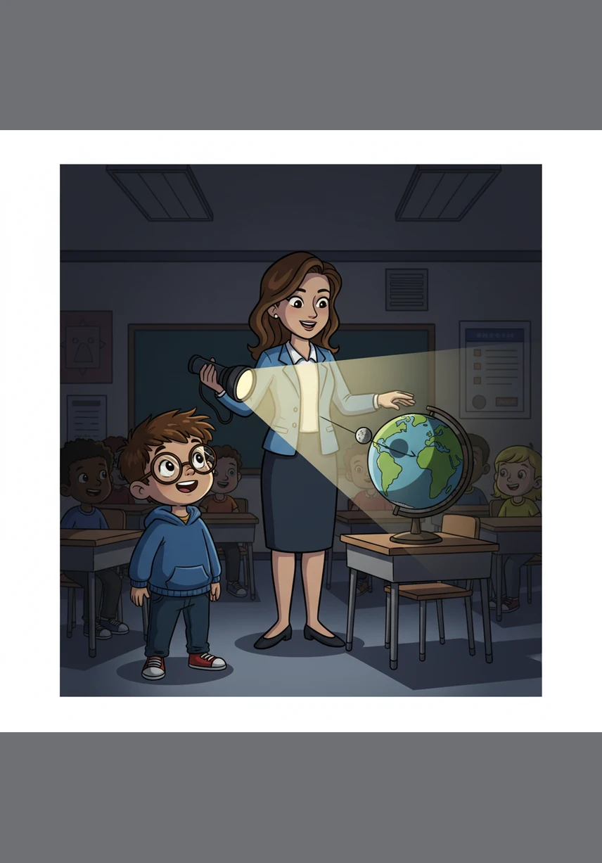 To show how it works, the teacher turns off the lights and uses a bright flashlight to represent the Sun and a small globe for the Earth. She moves a tiny ball between them, showing how the Moon's shadow travels across the world.