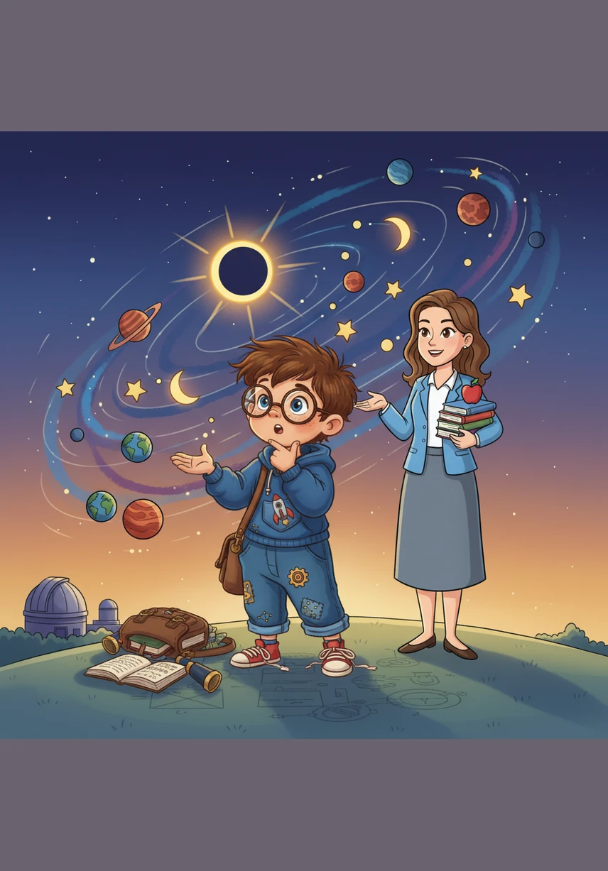 A wave of understanding washes over Alex, whose imagination fills with a cosmic dance of celestial bodies perfectly aligned in space. The mystery of the darkening sky transforms into a beautiful scientific wonder right before Alex's eyes.