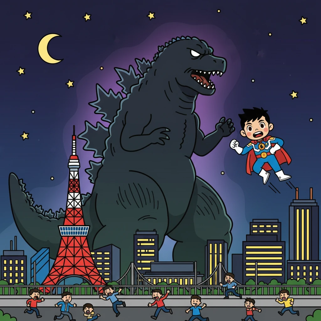 東京の夜空に、巨大な影が現れた。それは、かつて日本を恐怖に陥れた怪獣、ゴジラだった。街はパニックに陥り、人々は逃げ惑う。
