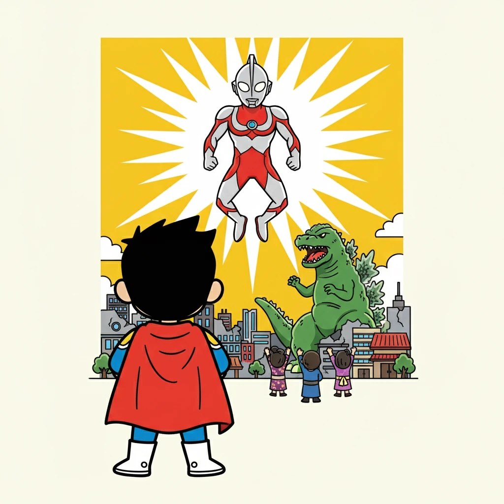 その時、光とともに現れたのは、正義の巨人、ウルトラマン。彼は、ゴジラに立ち向かうために、地球に降り立ったのだ。ウルトラマンの姿は、希望の光を人々に与えた。