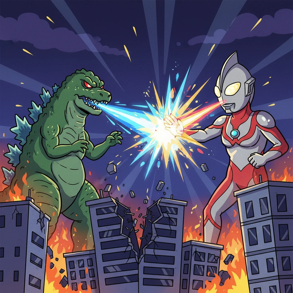 二体の巨人は、激しいバトルを繰り広げた。高層ビルを破壊するゴジラの熱線と、ウルトラマンの光線が、夜空を切り裂く。街は戦火に包まれ、その光景は息をのむほどだった。