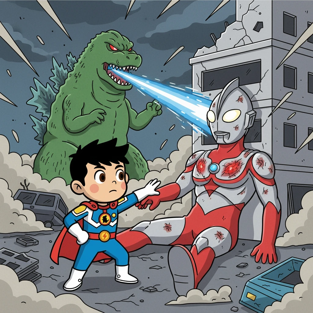 ダイチは、ウルトラマンに接近し、傷ついた彼を助けようとする。しかし、ゴジラの攻撃は激しく、ダイチ自身も危険な状況に陥る。ダイチはそれでも諦めなかった。