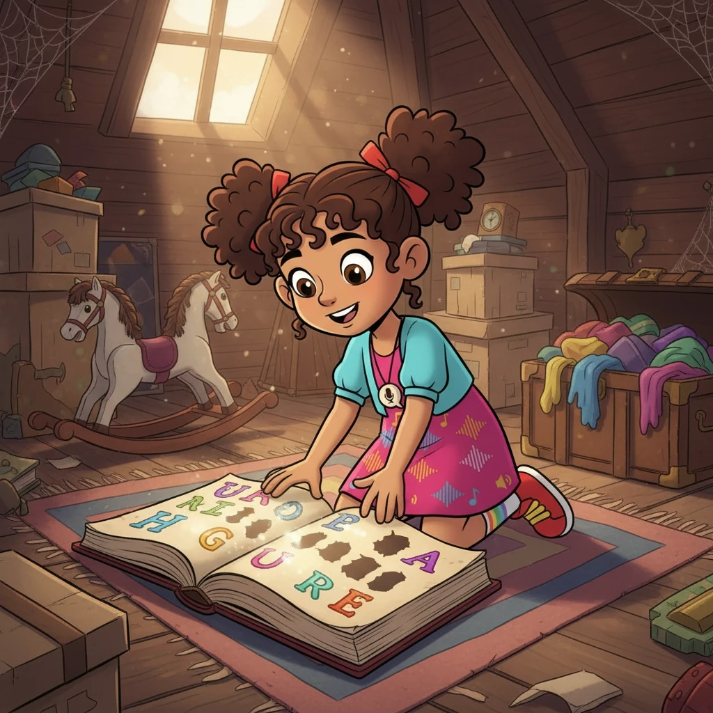 Sofía, una niña curiosa con ojos brillantes, encontró un libro mágico en el ático. El libro estaba lleno de letras y palabras, pero algunas parecían incompletas. Sofía, intrigada, decidió embarcarse en una aventura para descubrir el misterio de las palabras perdidas.