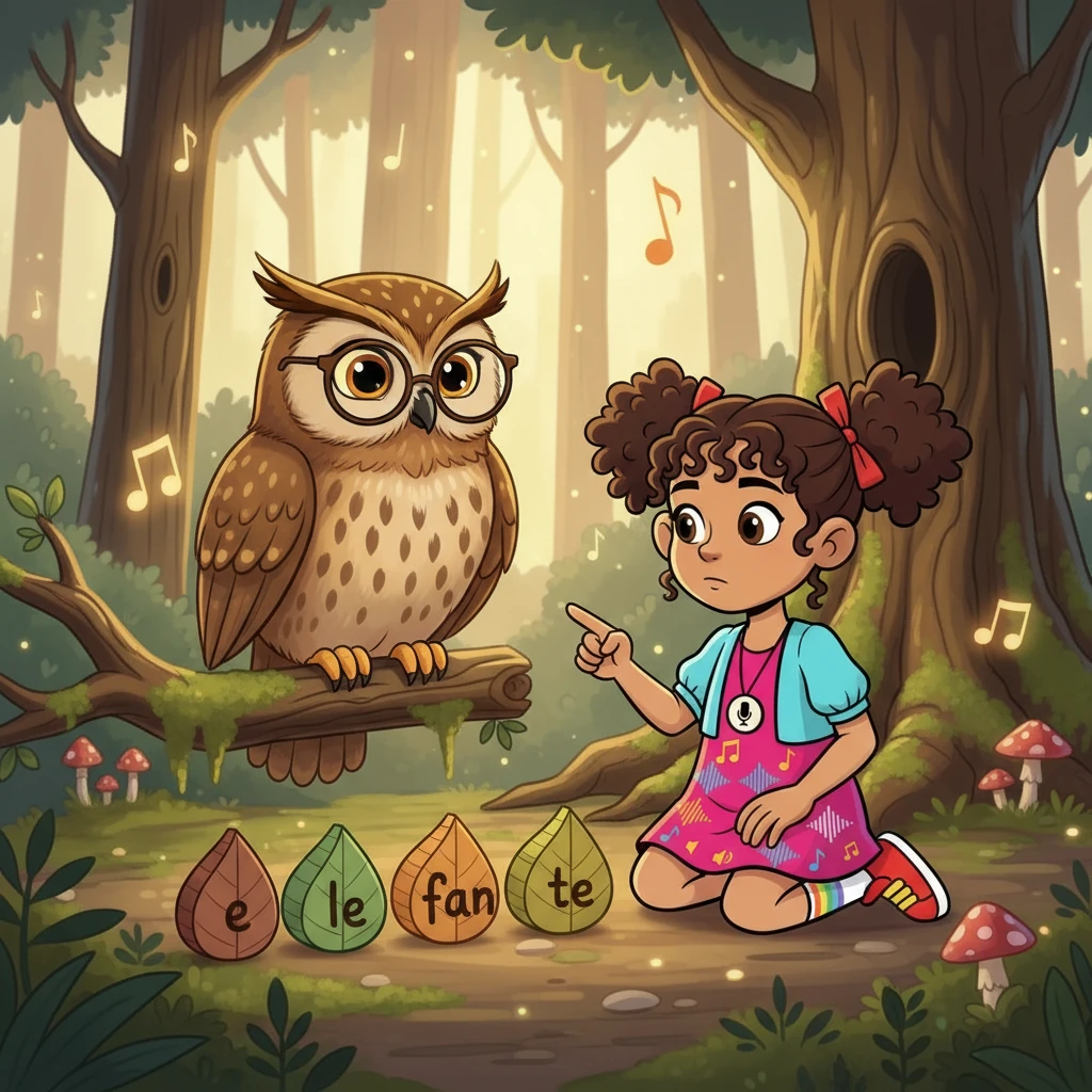 Luego, Sofía se encontró con un sabio búho que le enseñó sobre las sílabas. El búho le pidió que dividiera palabras en partes más pequeñas. Sofía, con cuidado, separó "elefante" en "e-le-fan-te", comprendiendo la importancia de la segmentación.