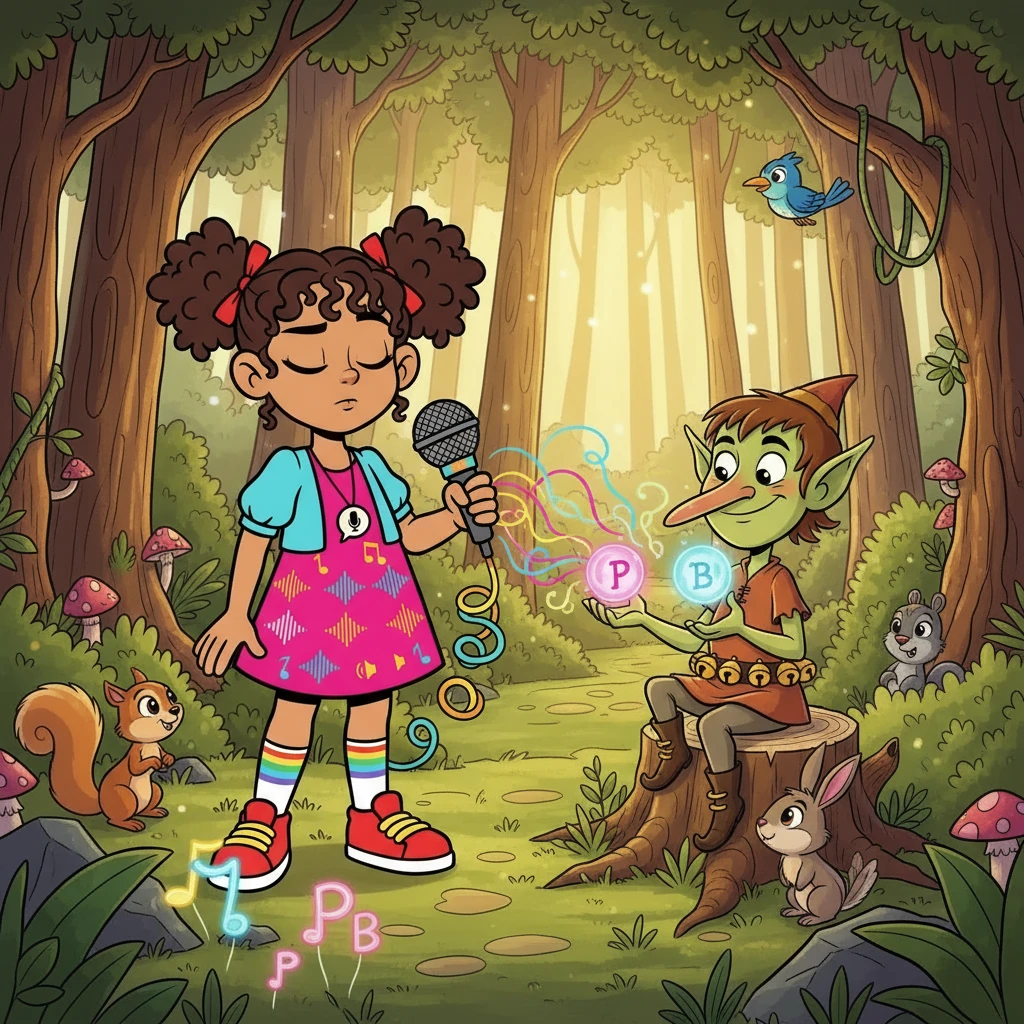 En el bosque, Sofía se topó con un travieso duende que jugaba con los sonidos. El duende le propuso un juego de discriminación: identificar sonidos diferentes. Sofía, escuchando atentamente, distinguió entre "p" y "b", superando el desafío.