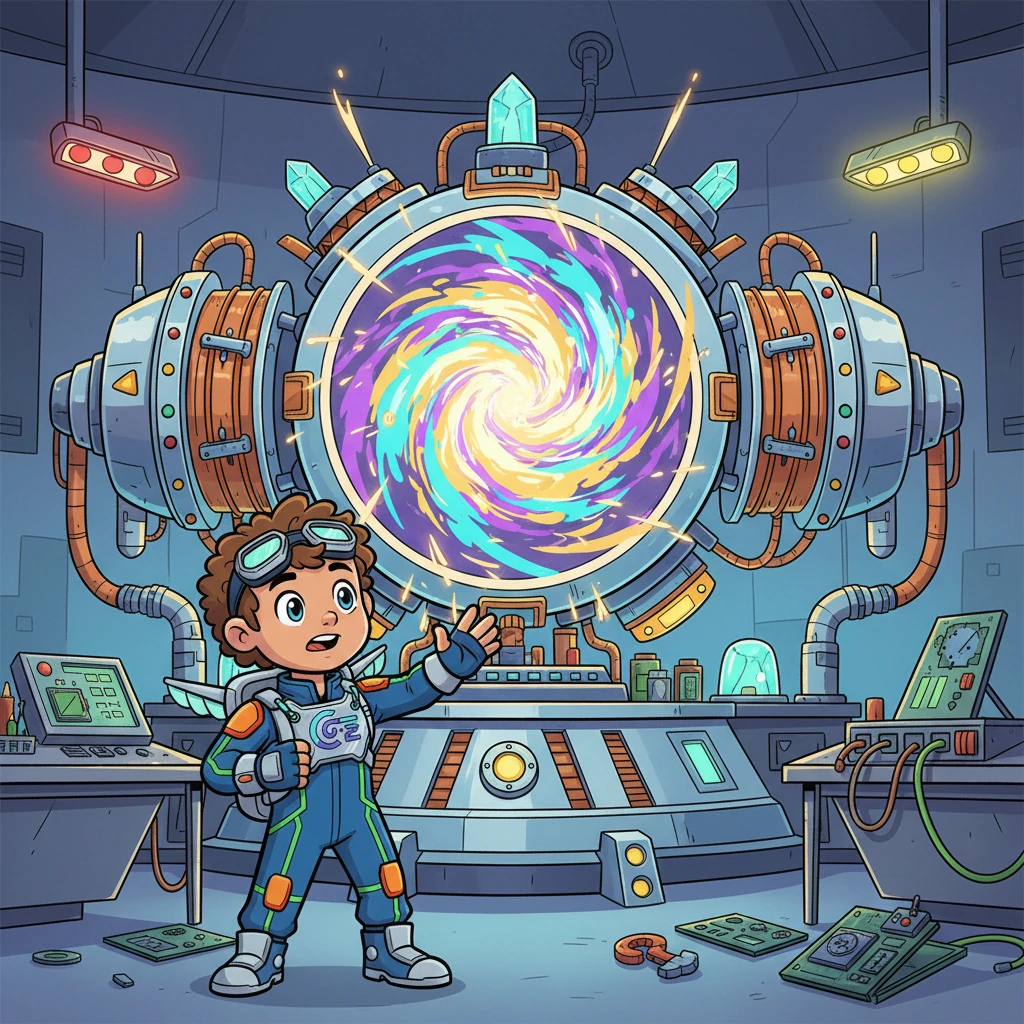 A colossal, gleaming machine, the Chrono-Spatial Engine, shimmers with unstable energy in a futuristic lab. Young Kaelen, a wide-eyed apprentice chrononaut with goggles pushed onto their forehead, watches in awe as the vibrant energy surges, then twists wildly, collapsing inwards like a crumpling paper ball. Sparks fly and alarms blare as the fabric of time rips open, pulling everything into a dazzling, chaotic vortex of light and color.