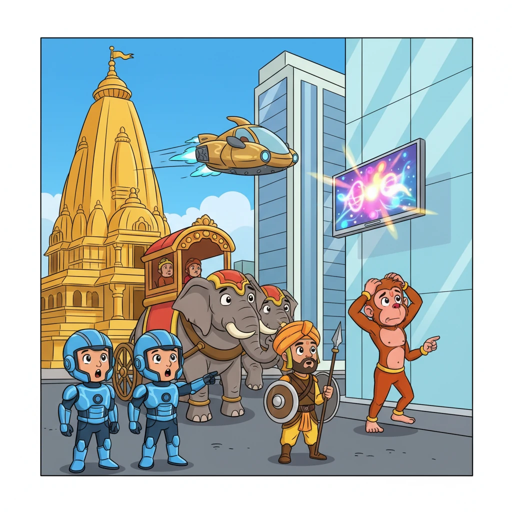 The world outside is a dizzying blend of eras! A sleek hovercar dodges an ornate, elephant-drawn chariot, while a group of futuristic soldiers gape at a towering, golden temple that now stands proudly next to a gleaming skyscraper. Hanuman, with a comical look of surprise, scratches his head as he tries to figure out how to climb a glass building, while a bewildered Pandava warrior stares at a holographic advertisement.