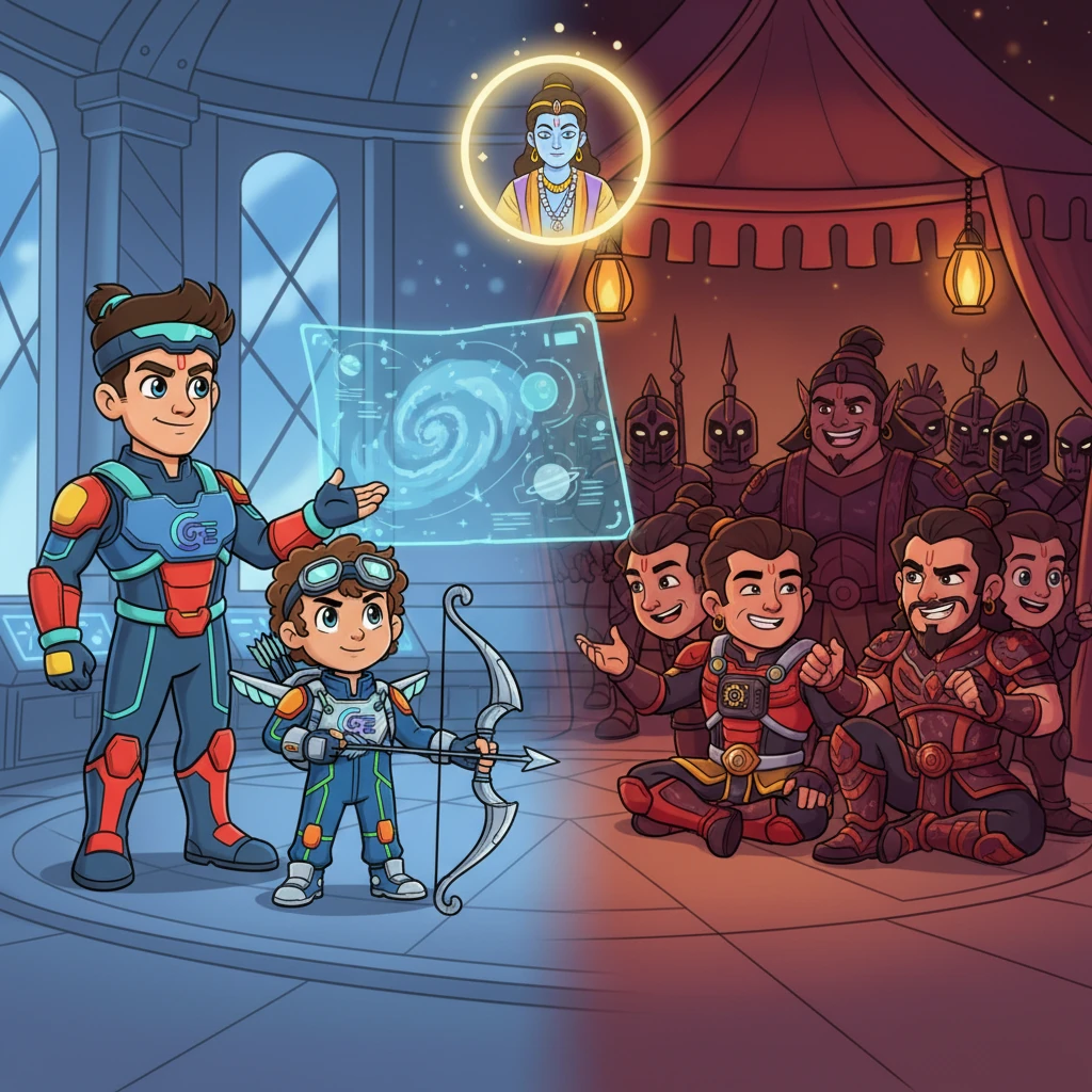 In a grand, futuristic war room, Lord Rama, radiating calm strength, gestures towards a holographic map as Arjuna, his bow gleaming, listens intently, a look of focused determination on his face. Meanwhile, in a shadowy, opulent tent, the ten-headed Ravana, with a mischievous grin, shares a laugh with a sneering Duryodhana, their combined forces an intimidating spectacle of ancient monsters and armored legions. Lord Krishna, serene and wise, observes the unfolding chaos, his divine aura gently pulsing.