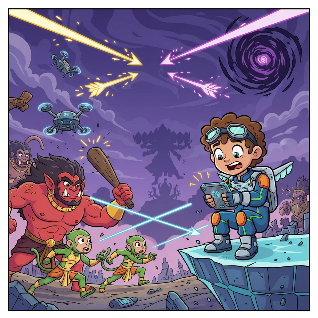 The battlefield is a whirlwind of vibrant chaos! Vanara warriors, agile and acrobatic, leap over laser blasts, while Rakshasa demons, with exaggerated features, charge futuristic drones, swatting them out of the sky with enormous clubs. Arjuna's arrows, glowing with celestial energy, weave through the air, intercepting energy beams, as Rama’s divine Astra missiles light up the sky against Ravana’s dark, mystical attacks. Kaelen, perched precariously on a collapsed time-rift, watches in awe and terror, their small future-tech device beeping frantically.