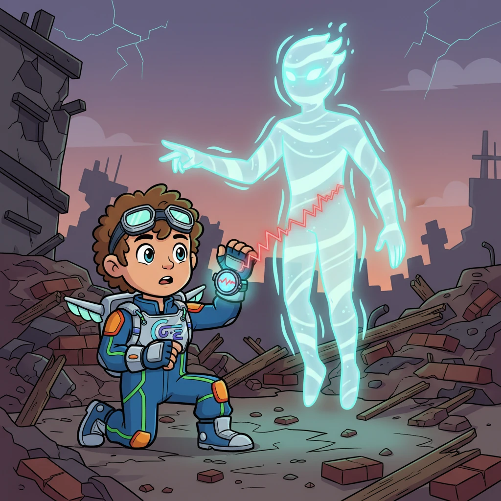 Hidden amidst the rubble of a collapsed building, Kaelen's chronometer glows ominously, showing jagged, tearing lines across the timeline display. A shimmering, ethereal projection, like a ghostly guardian, appears before them, its form made of pure light, urgently pointing to the fractured reality. The mysterious entity warns Kaelen with silent, desperate gestures that the very fabric of existence is unraveling, and time itself will soon cease to be.