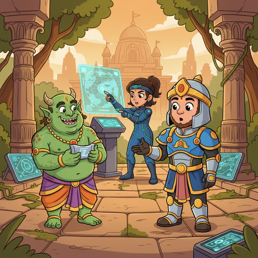 A brave Pandava warrior, clad in traditional armor, stares in confusion at a friendly Rakshasa demon offering him a futuristic energy bar, a comical expression on both their faces. Meanwhile, a wise Vanara general struggles to understand a holographic battle strategy presented by a 22nd-century tactician, their cultural differences creating a flurry of amusing misunderstandings. Even the most seasoned heroes begin to question their destiny and the meaning of good and evil in this tangled new reality.