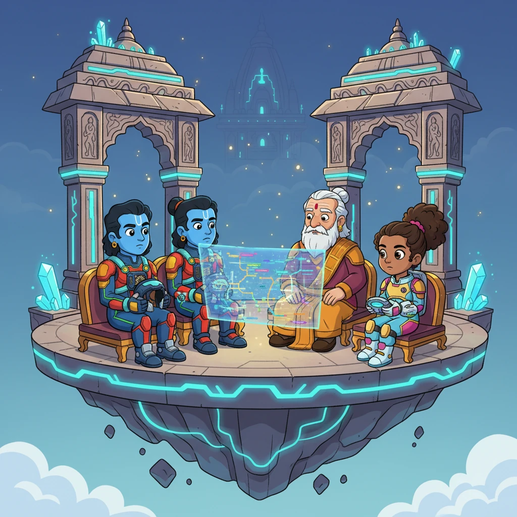 In a serene, floating temple that merges ancient architecture with glowing futuristic elements, Lord Krishna, Lord Rama, and the revered Bhishma sit with Kaelen, whose small, glowing device projects complex timeline schematics. They discuss the dire warnings, their faces serious but resolute, understanding that a monumental sacrifice is needed to mend reality. The air crackles with wisdom and the gravity of their decision, as they realize that some legacies might need to fade to save all.