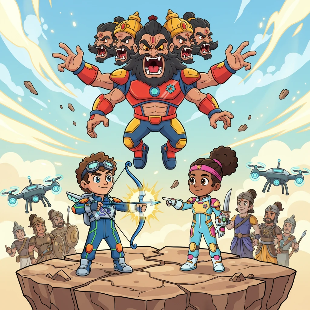 On the grand, fractured battlefield, Lord Rama, his bow drawn and glowing with a golden aura, stands ready to face a monstrously exaggerated Ravana, who hovers menacingly with all ten heads roaring in defiance. Arjuna, guided by Krishna, coordinates the combined forces, issuing commands to both ancient warriors and futuristic drones, preparing to intercept any catastrophic celestial weapon misuse. The tension is palpable, the air buzzing with the promise of an epic, reality-altering confrontation.