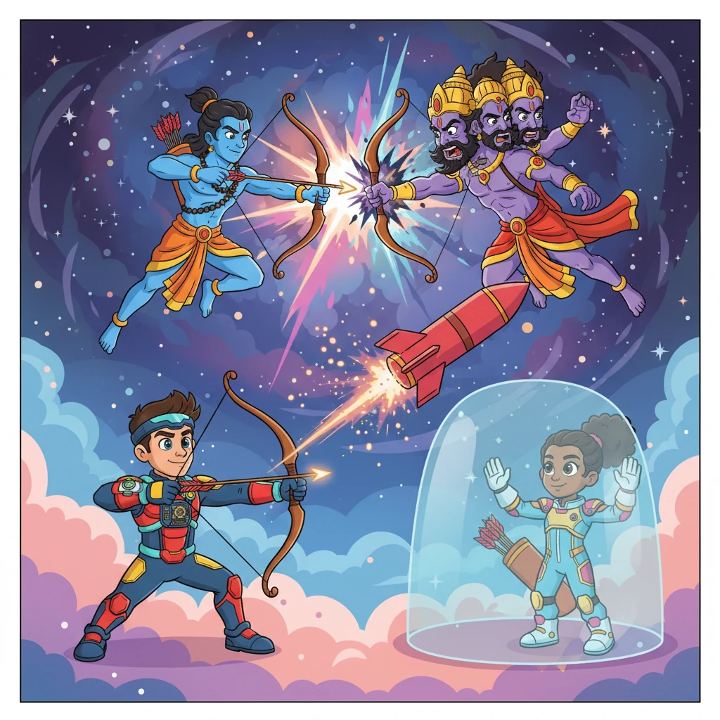 Rama and Ravana clash in a spectacular duel, their divine energies erupting in vibrant bursts of light and shadow that ripple across the sky, momentarily freezing time around them. Arjuna, with unparalleled precision, unleashes a volley of specialized arrows, deflecting a rogue celestial missile launched by Duryodhana’s forces, preventing a devastating explosion. Kaelen, using their chronometer, projects a stabilizing energy field, creating a momentary window for the heroes to act, their small effort crucial amidst the grand chaos.