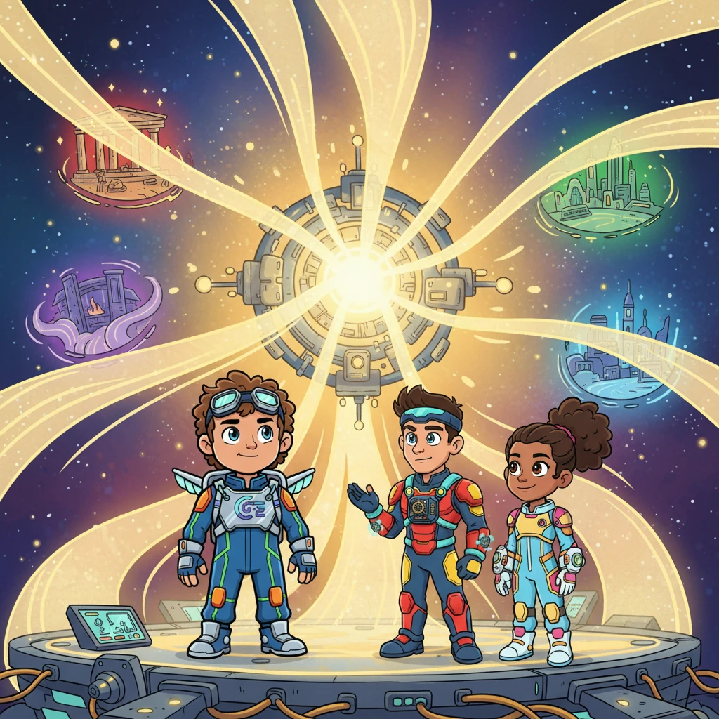 From the heart of the Chrono-Spatial Engine, now stabilized by the combined wisdom and sacrifice, a gentle, golden light expands, slowly untangling the chaotic timelines. Kaelen watches with a bittersweet smile as their own era begins to gently separate from the ancient worlds, knowing that while some memories might fade, the universe is safe. The heroes, standing together one last time, share a silent, knowing look of triumph and farewell, their incredible alliance a legend whispered across the mended ages.