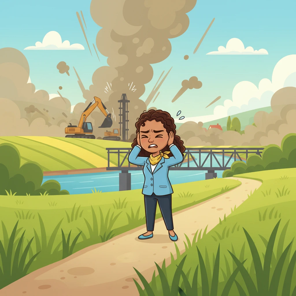 One morning, a new sound rumbled through the valley, growing louder each day. It was the World Bank's big construction project, building a new bridge nearby. Giant machines roared, hammers banged, and dust clouds rose, shaking the peaceful air.