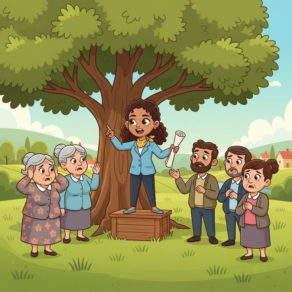 Gathered under the big oak tree, the villagers held a meeting. "We can't live like this!" cried Mrs. Pringle, holding her ears. "The noise is too much!" Mr. Henderson agreed, and everyone nodded, their faces filled with worry and frustration.