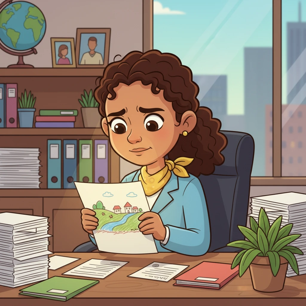 Miles away, in a busy city office, Ms. Anya Sharma, a kind World Bank staff member, opened the letter. Her eyes softened as she read about Green Valley's plight and saw Maya's drawing. She knew she had to do something.