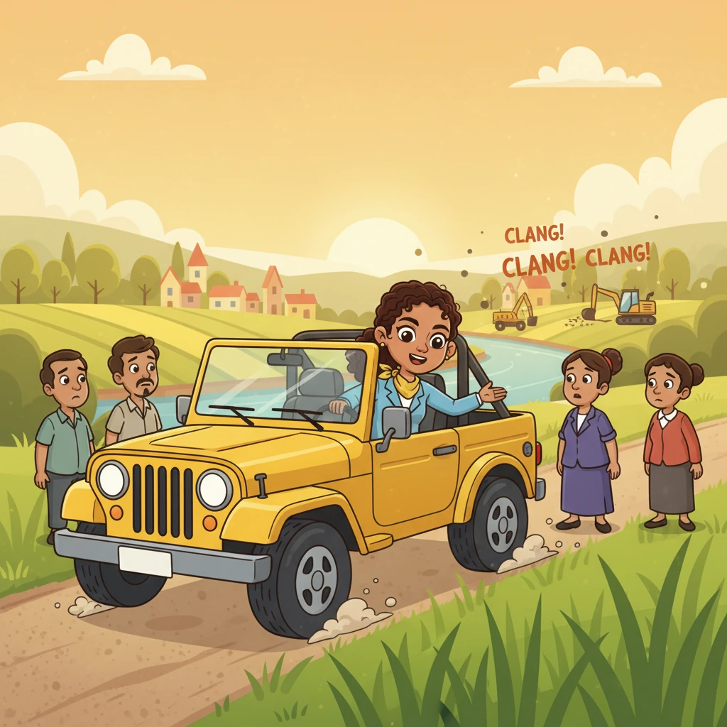 Soon, Ms. Anya arrived in Green Valley, her bright yellow jeep kicking up a little dust. She listened carefully to the villagers, heard the loud construction herself, and saw the worried faces. She promised to find a way to help.
