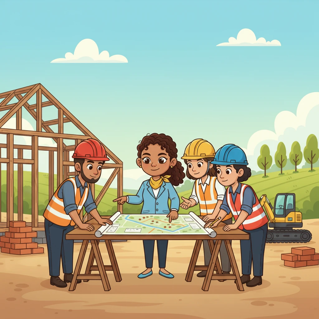 Back at the project site, Ms. Anya gathered the engineers and workers. They looked at blueprints and discussed new ideas. "We must find a solution that helps everyone," she said, pointing to a map of the village.