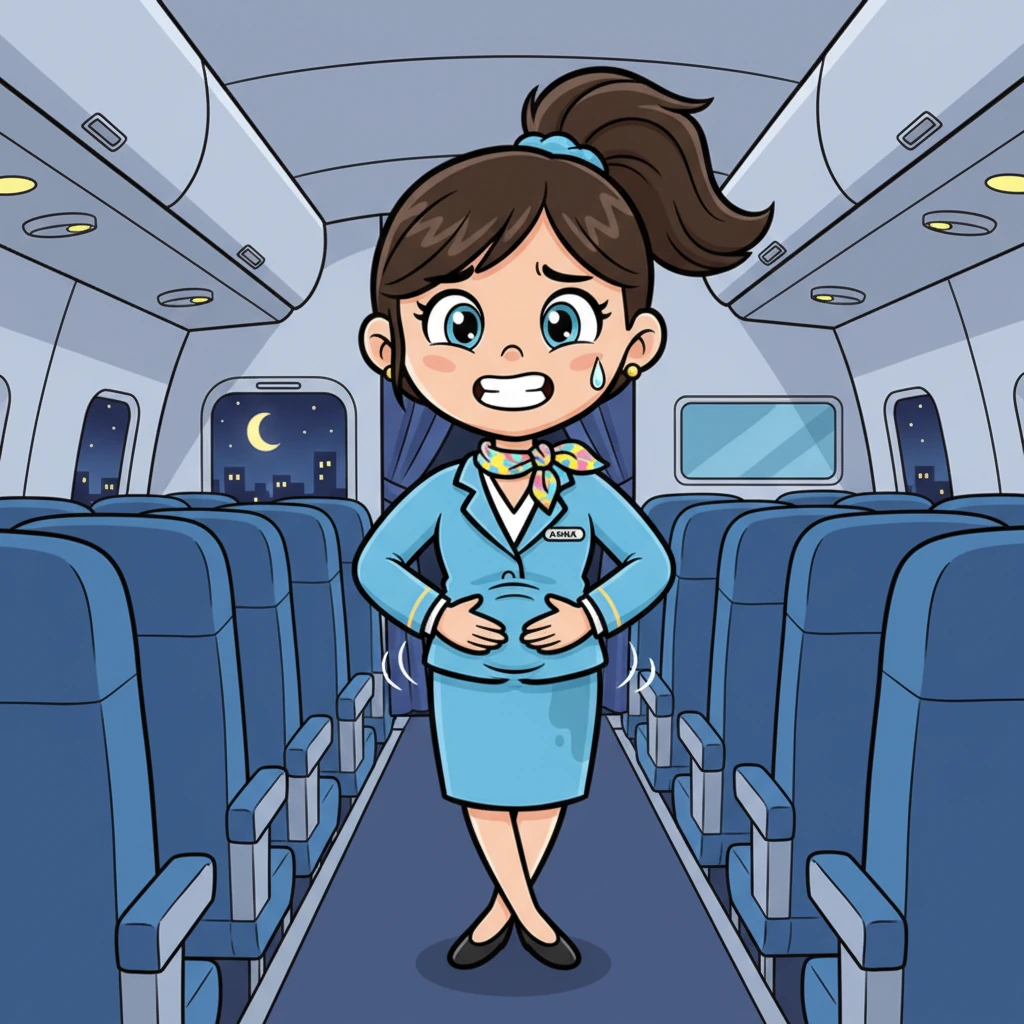 Anna, a cheerful flight attendant with a bouncy ponytail, had been soaring through the night sky for twelve long hours on a transatlantic flight. She’d sipped on coffee and water to stay alert, but now her tummy rumbled with a very urgent feeling. Her smile was starting to feel a little strained.