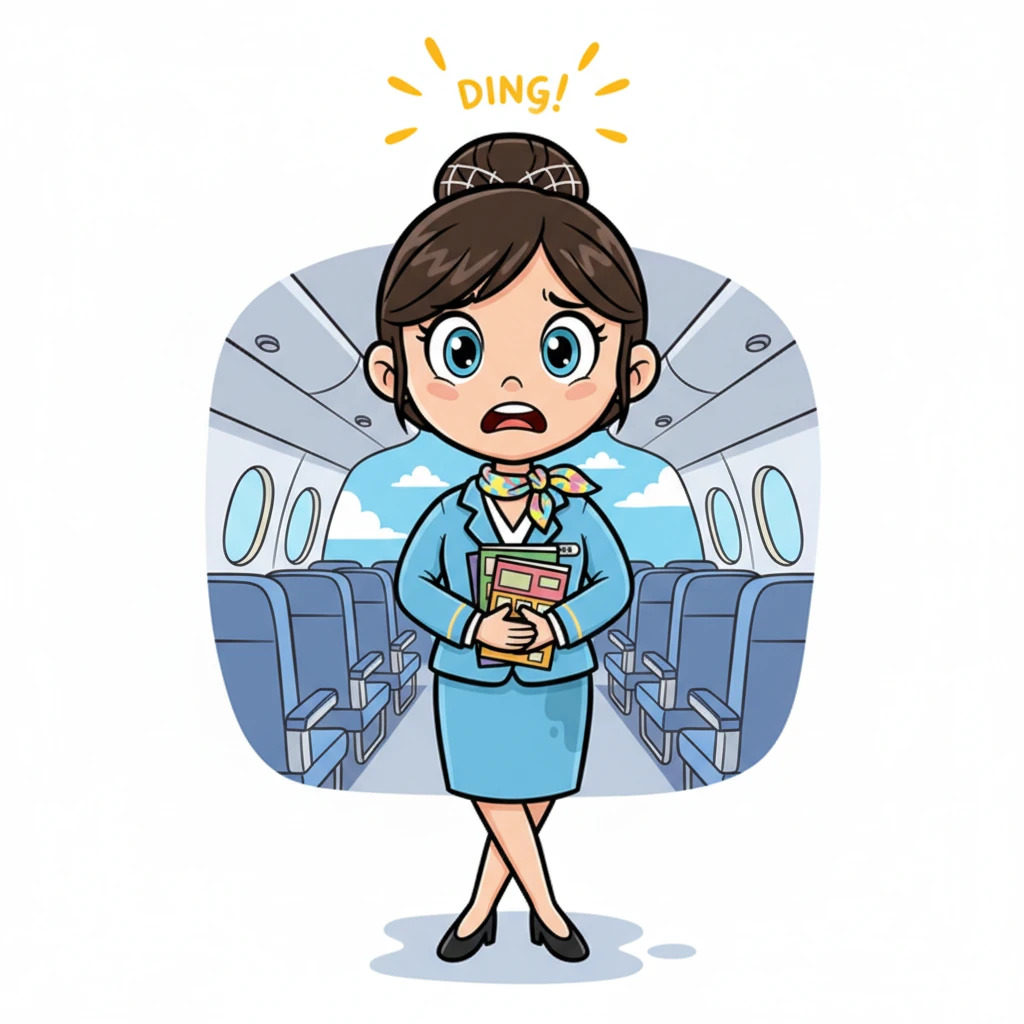 Suddenly, the seatbelt sign flashed on with a friendly ding, and stayed on! Anna couldn't leave the cabin, even as her need grew more insistent. She crossed her legs and tried to distract herself by tidying stray magazines, but her focus kept wandering to her bursting bladder.