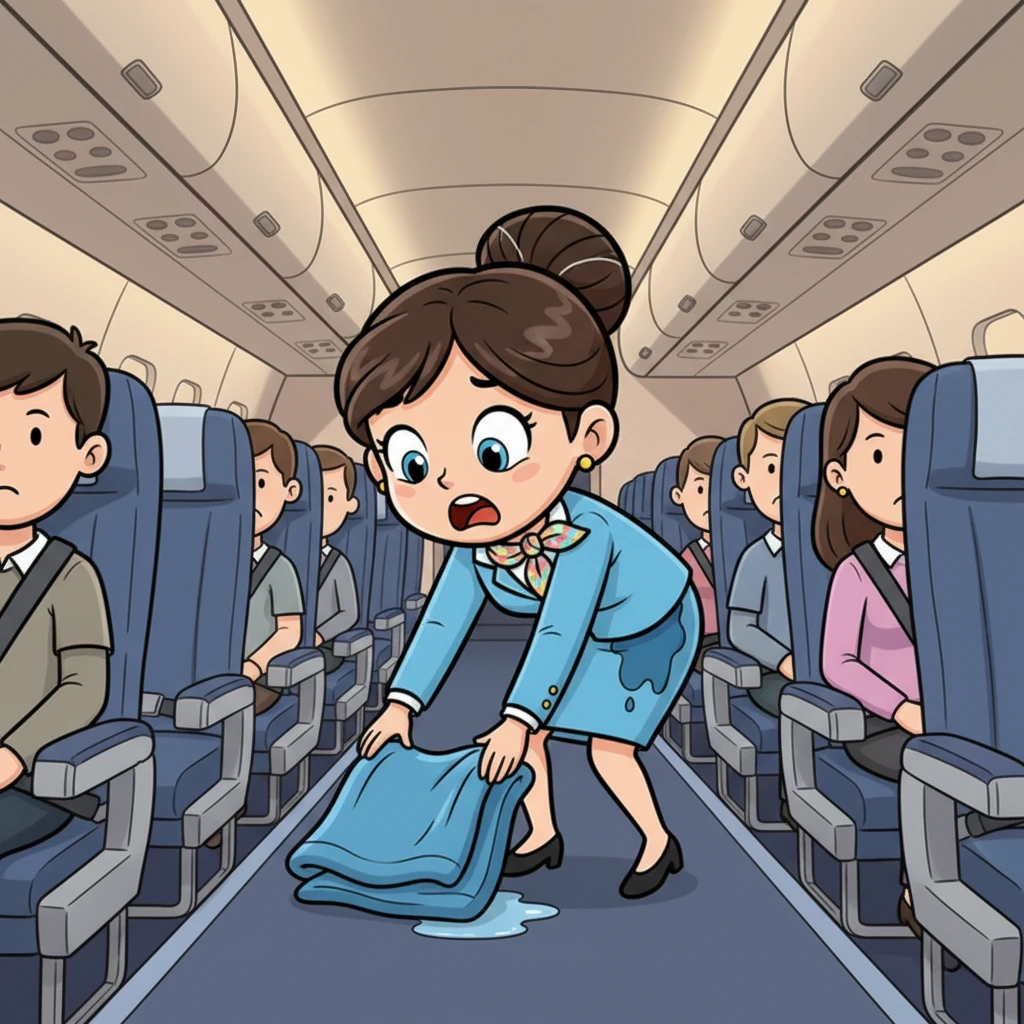 Just as the plane began its gentle descent, the cabin lights dimmed, and everyone buckled up. Anna, trying to maintain her professional poise, bent down to retrieve a dropped blanket for a passenger. It was then, with a little jiggle, that a warm, undeniable trickle started.