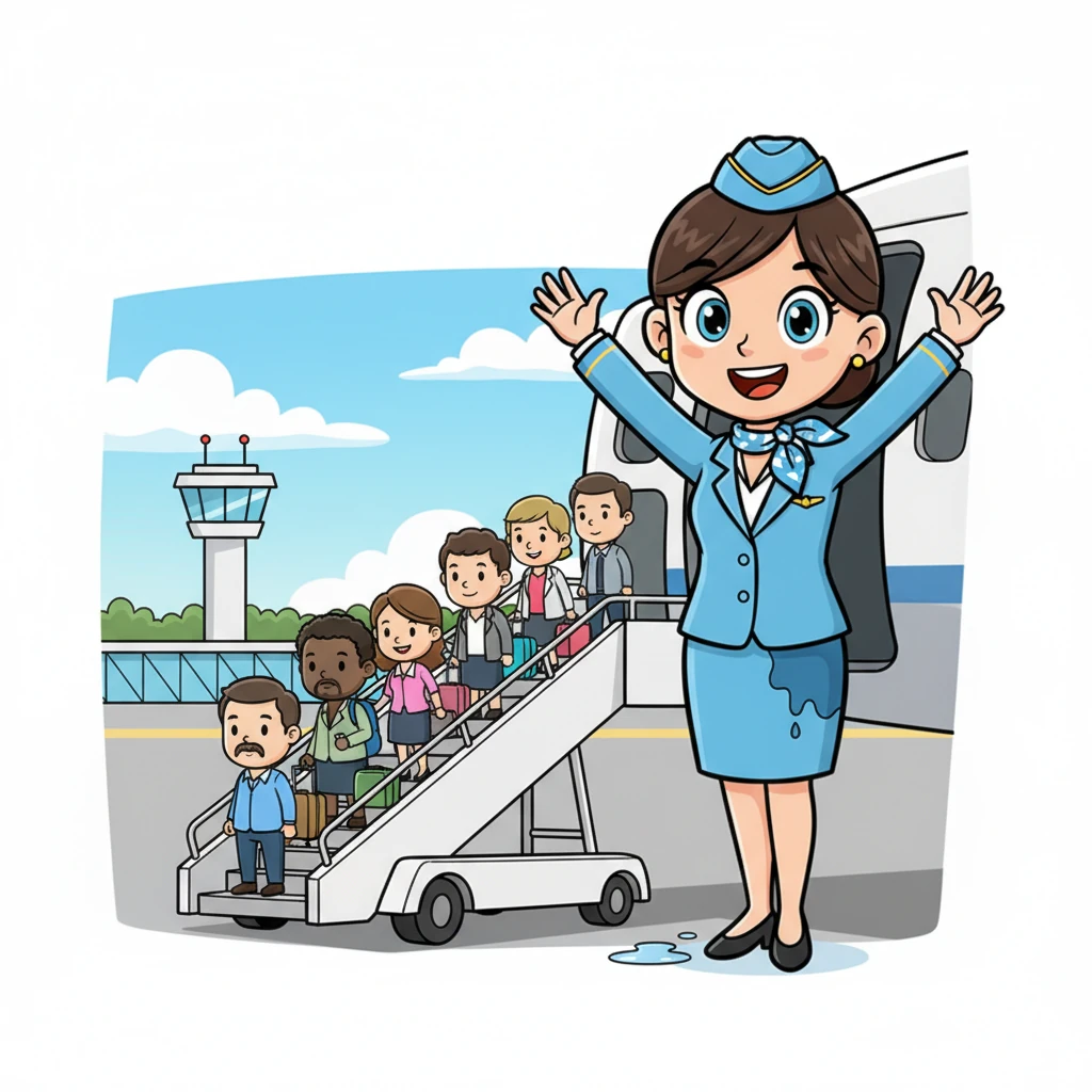 Finally, with a soft bump, the plane touched down, and the passengers began to disembark. Anna, feeling utterly squishy from head to toe, managed to wave goodbye with extra enthusiasm, dreaming only of a quick change and a fresh pair of trousers in the crew lounge. Her cheeks were slightly flushed, but her spirit remained bright.