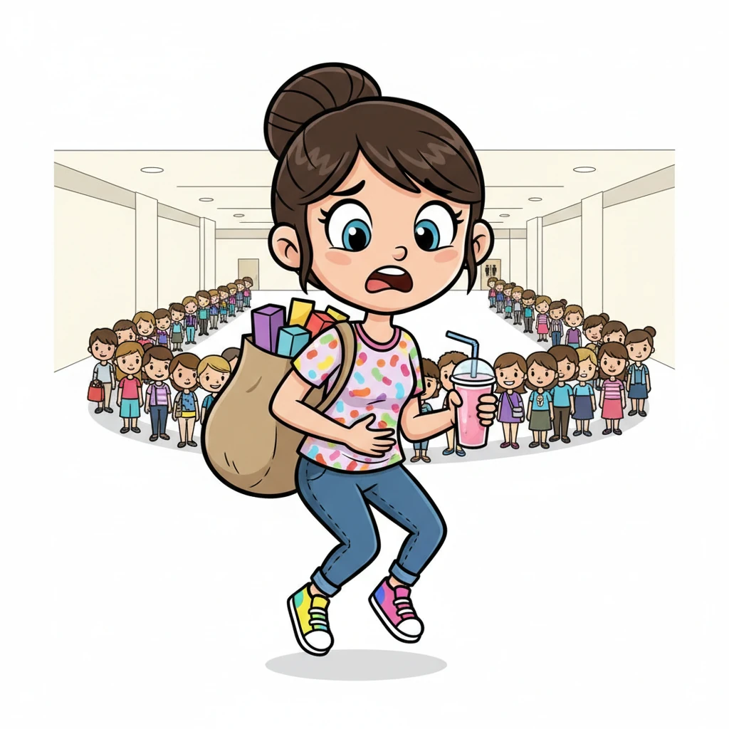 Noora, a bubbly young woman with a fashionably oversized shopping bag, had been exploring the mall all day, fueled by two giant, delicious smoothies. Now, however, her bladder was protesting loudly, and the restroom queue stretched out like a never-ending noodle. She bounced on her toes, trying to hold it in.