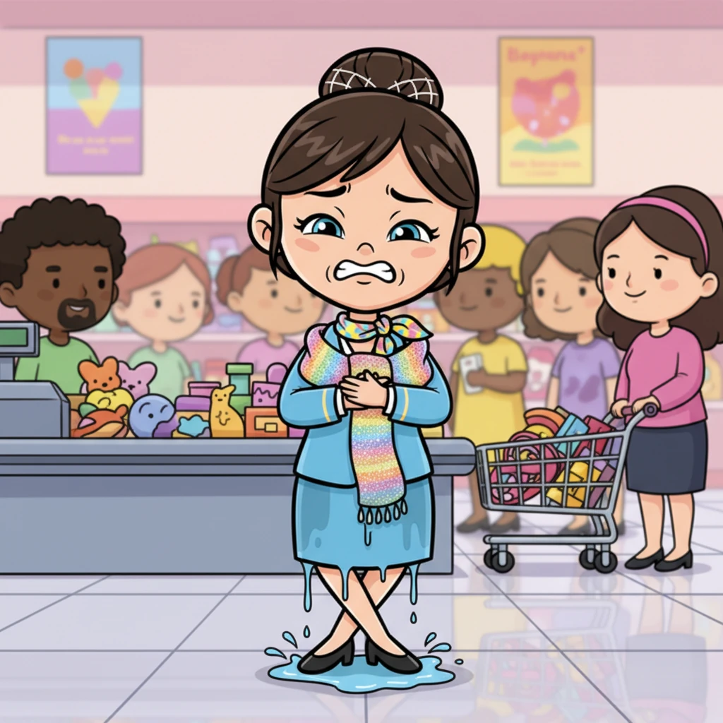 She finally reached the checkout line, clutching her new sparkly scarf, but the wait felt endless. Her legs were tightly crossed, her face scrunched in concentration. With a tiny, involuntary wiggle, a small, warm drop escaped, then another, and then a steady, unstoppable stream.