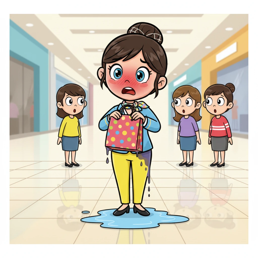 The front of Noora's bright yellow trousers darkened dramatically, and then the back, as a small, spreading puddle began to form on the polished mall floor. A few shoppers glanced over, their cartoonishly wide eyes widening further. Noora blushed a vibrant cherry red, trying to hide the growing stain with her shopping bag, but it was far too late.