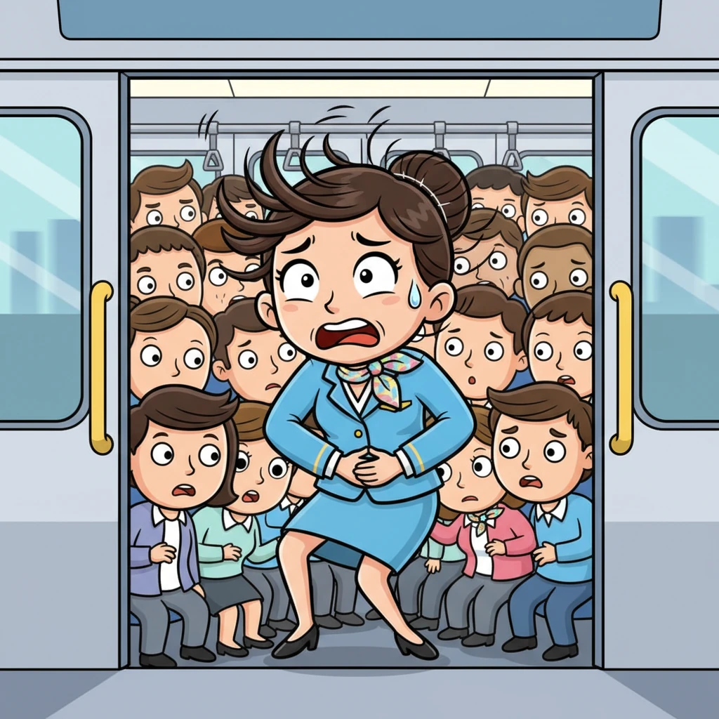 Rushing to catch her train, Noora, with her hair flying, made it just as the doors were closing, squeezing into a packed carriage. There wasn't a single seat, and the rocking motion of the train only made her urgent need even more intense. She squeezed her legs together tightly, a bead of sweat trickling down her temple.