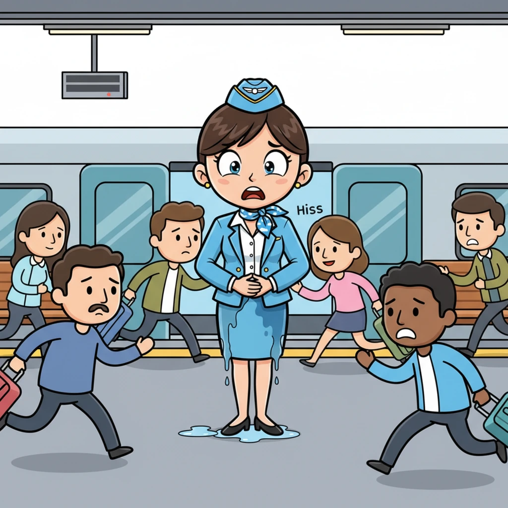 The train pulled into the next station with a sudden jerk, and the doors hissed open, releasing a flood of passengers. Just as the crowd surged out, the pressure became too much for Noora. A warm gush soaked her trousers, running down her legs and into her socks and shoes, making a squishy sound with every step. She stood frozen, a little puddle forming beneath her, as the station crowd bustled past.