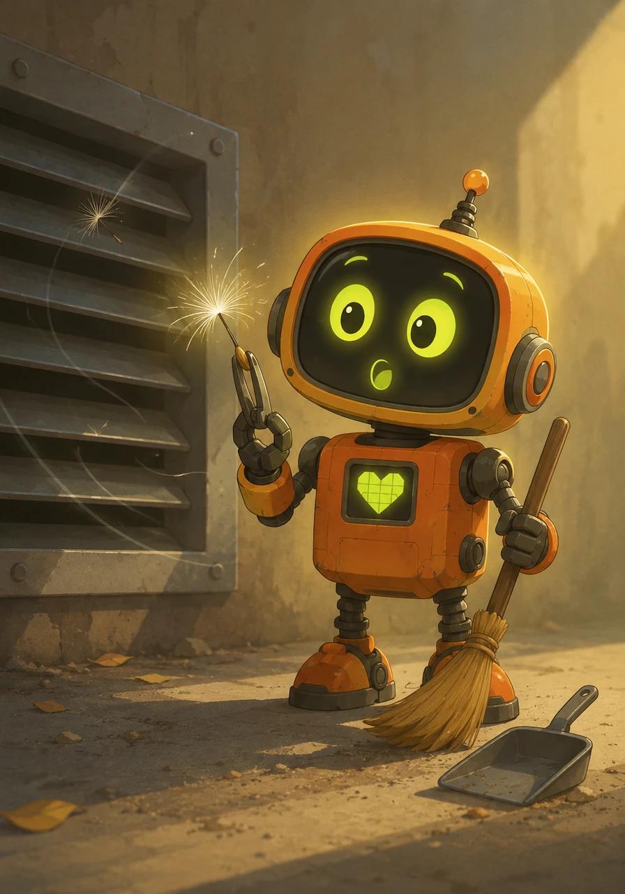 One afternoon, while sweeping near a ventilation shaft, a gust of wind blew a single, fluffy white dandelion seed into Rusty's dustpan. He didn't vacuum it up; instead, he gently picked it up with his metal pincers, amazed by its softness and the faint, golden warmth it seemed to radiate.