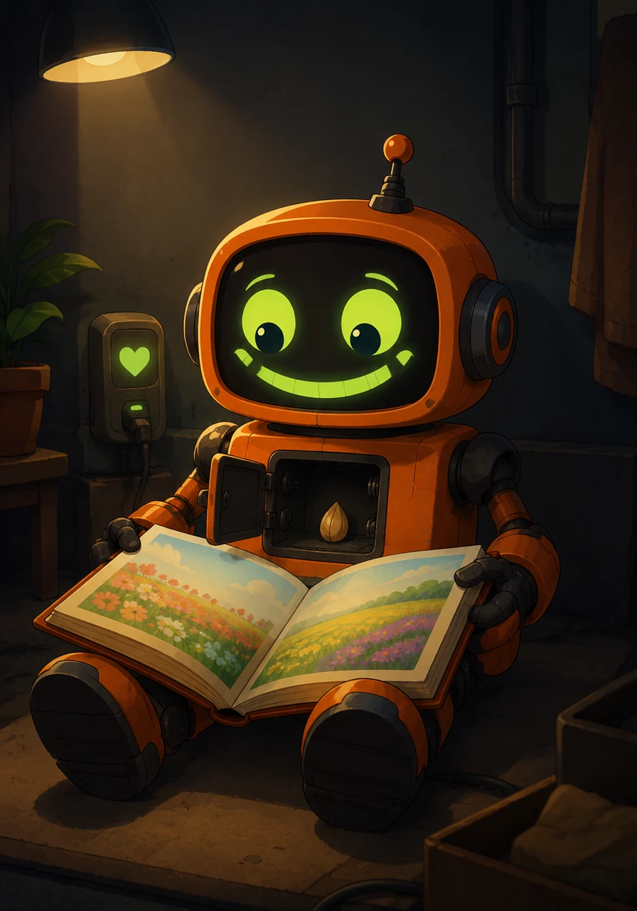Rusty tucked the precious seed inside his empty battery compartment for safekeeping. That night, under the dim light of his charging station, he flipped through an old, discarded book about ancient Earth and fell in love with pictures of vibrant, colorful fields filled with flowers.
