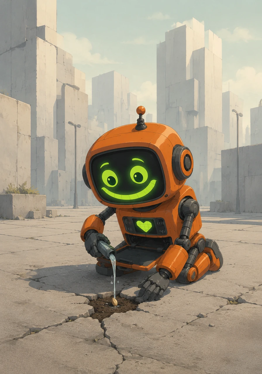 Determined to help his seed grow, Rusty searched the concrete city until he found a cracked pavement stone where a tiny patch of real soil was hidden. He carefully planted the seed, using his internal water dispenser to give it a precise, gentle drink, hoping with all his circuits that it would survive.