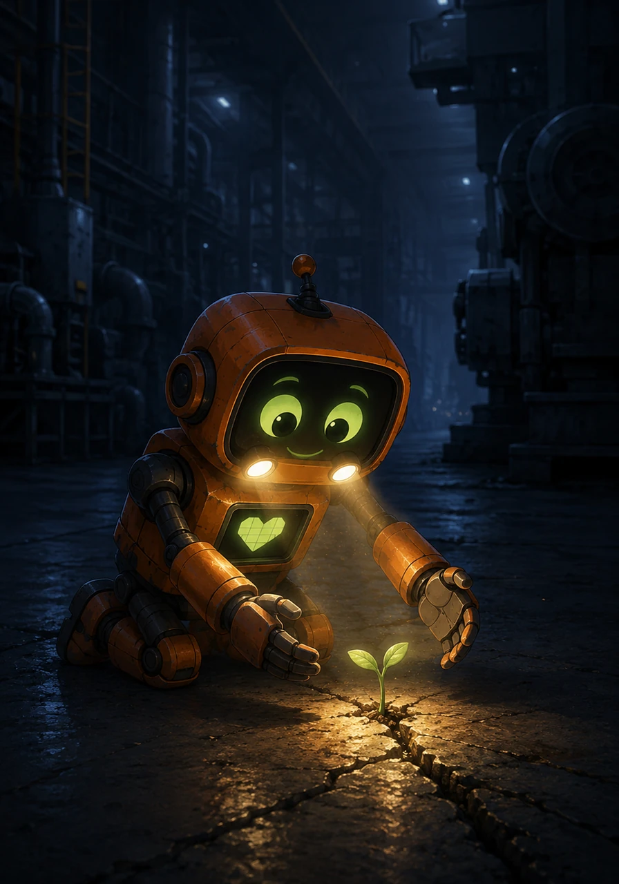 Every night after his cleaning shift, Rusty secretly returned to the crack in the concrete to protect his little sprout from the cold wind and heavy factory boots. He even used his glowing headlights to keep the young green shoot warm during the darkest hours.