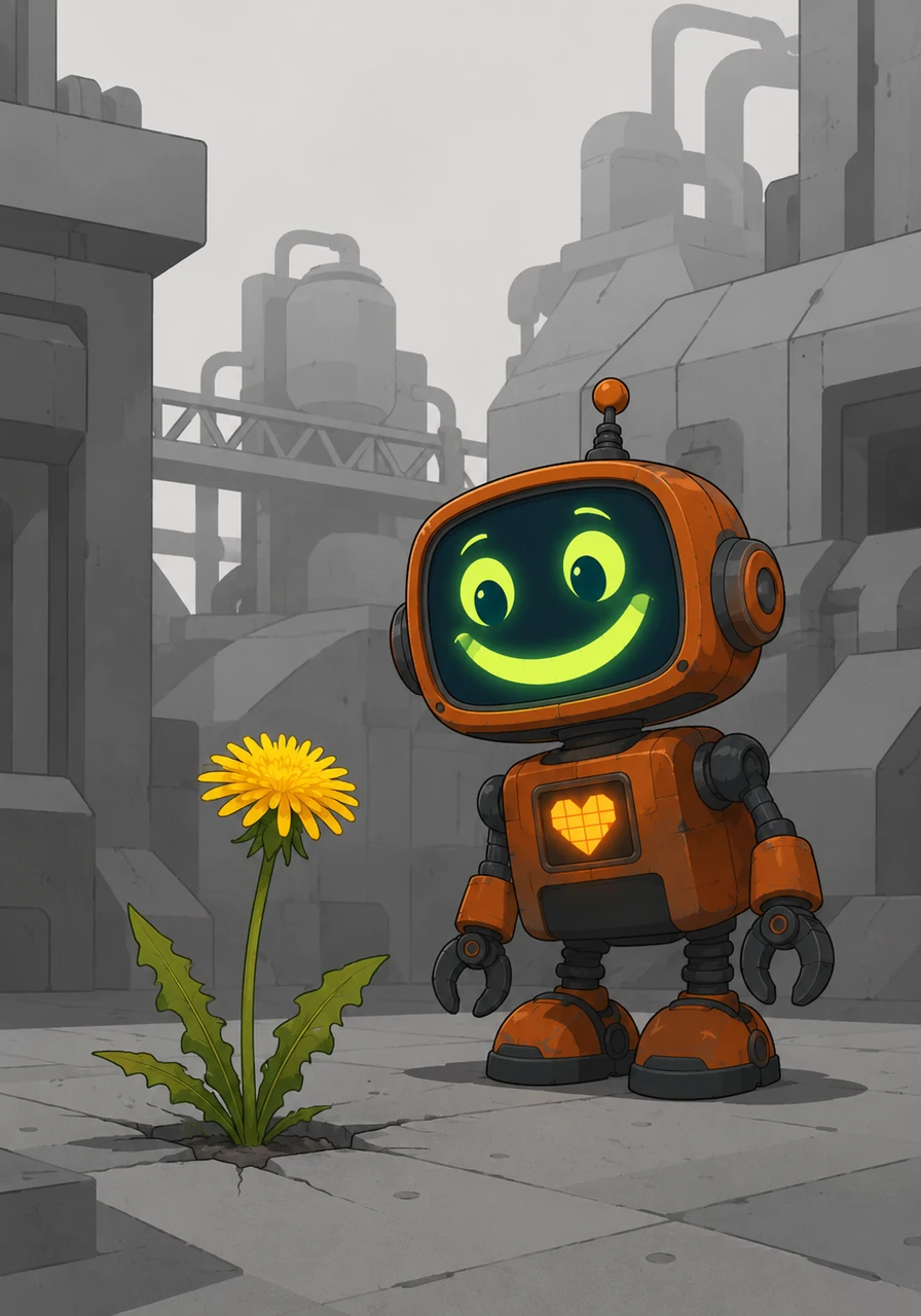 Weeks passed, and Rusty's dedication paid off when a brilliant, sunny yellow dandelion burst into bloom against the drab gray background of the city. Rusty's digital face lit up with a giant green smile, his heart-meter ticking fast as he witnessed the first real color in Mega-Factory 9.