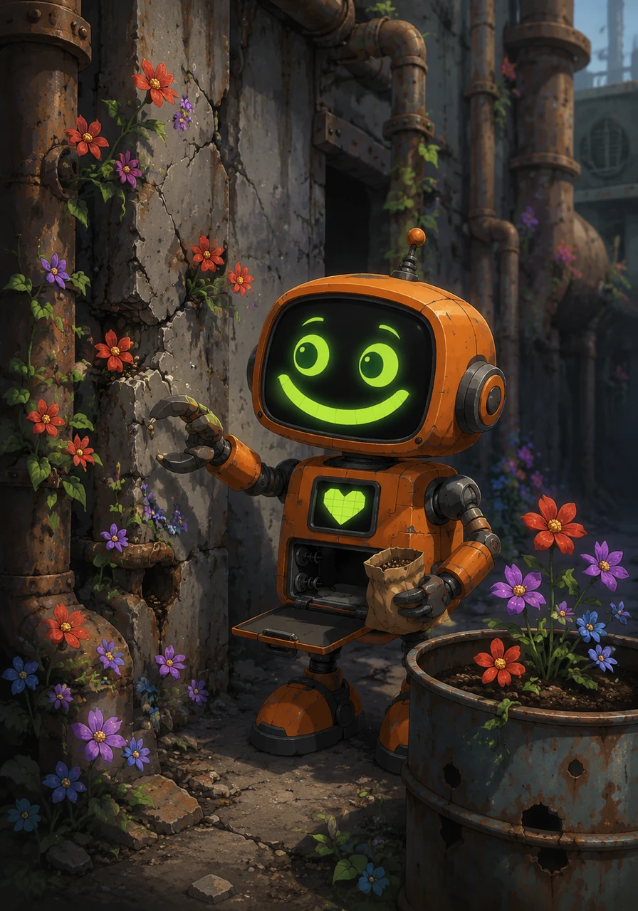 Inspired by his success, Rusty began collecting dropped seeds from the wind, planting them in every rusty pipe, cracked wall, and empty oil drum he could find. Slowly, secret pockets of red, blue, and purple flowers began to sprout all around the dark, metallic neighborhood.