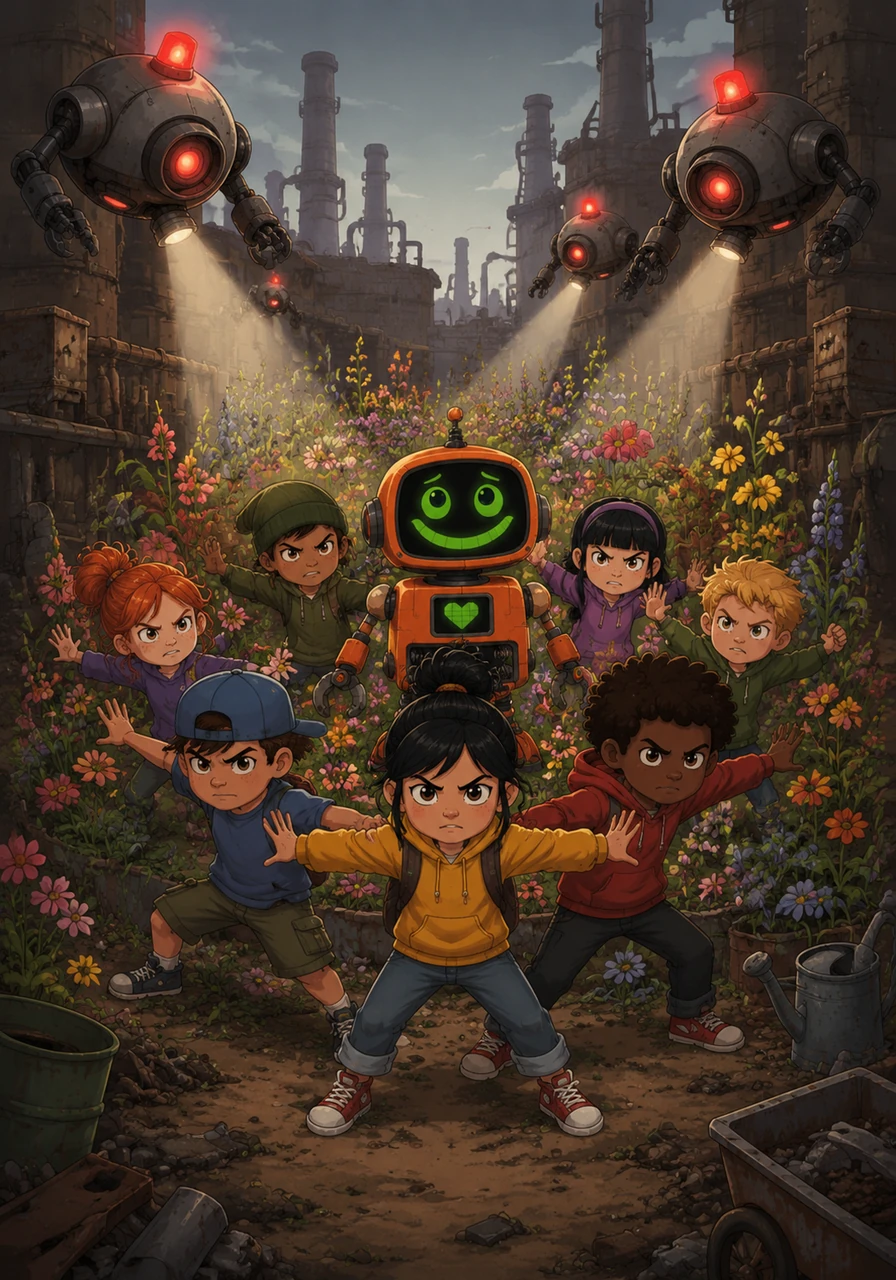 One morning, the factory overseer drones discovered Rusty's secret garden, their red lights flashing in alarm at the unauthorized colorful chaos. Just as they prepared to clear the plants away, a group of local children gathered around, marveling at the beautiful flowers and shielding Rusty and his garden.