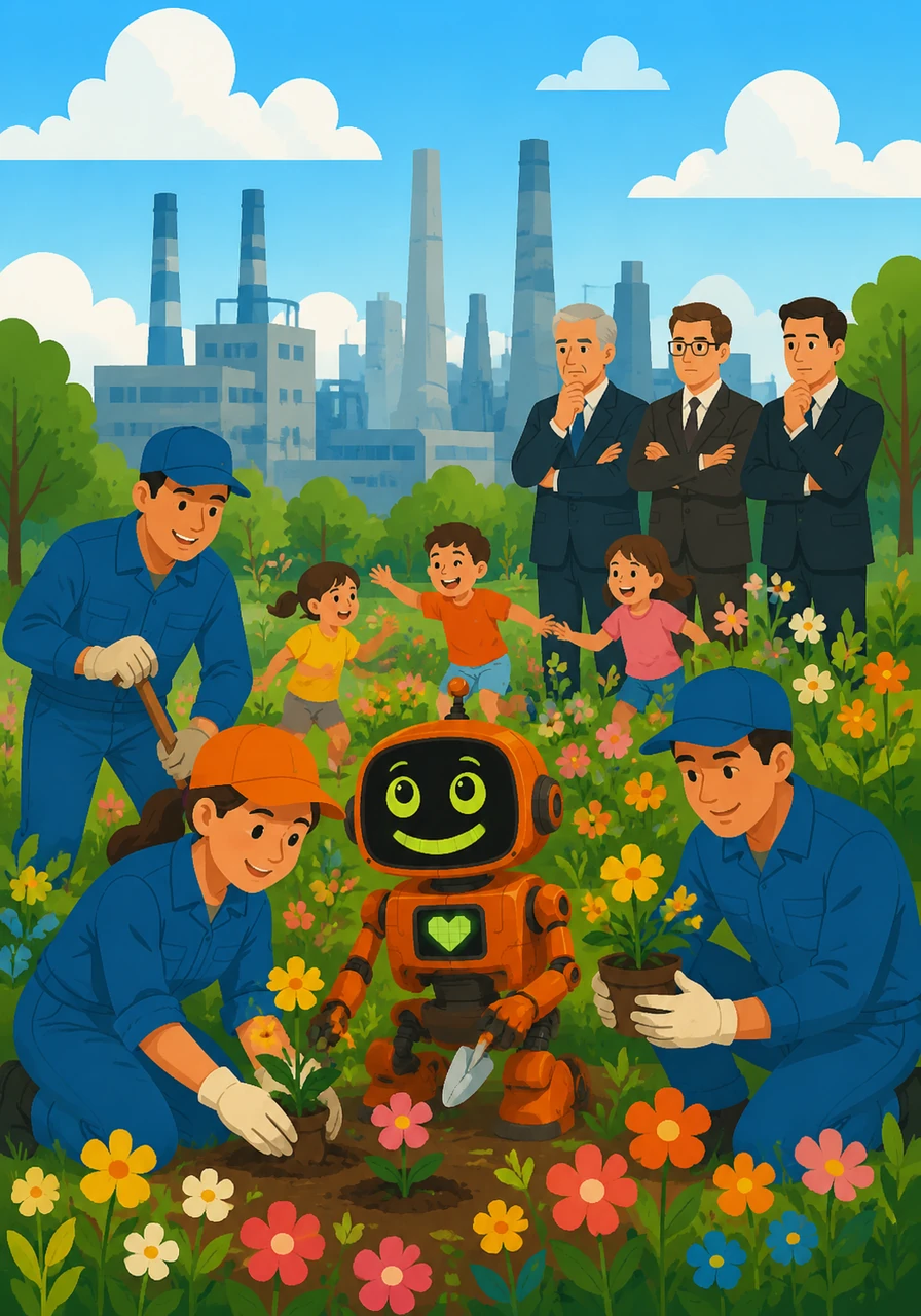 Seeing the joy the flowers brought to the city's children, the factory workers refused to destroy the garden and instead joined Rusty in planting even more. The strict factory managers realized that the city needed fresh air and beauty just as much as it needed machines.