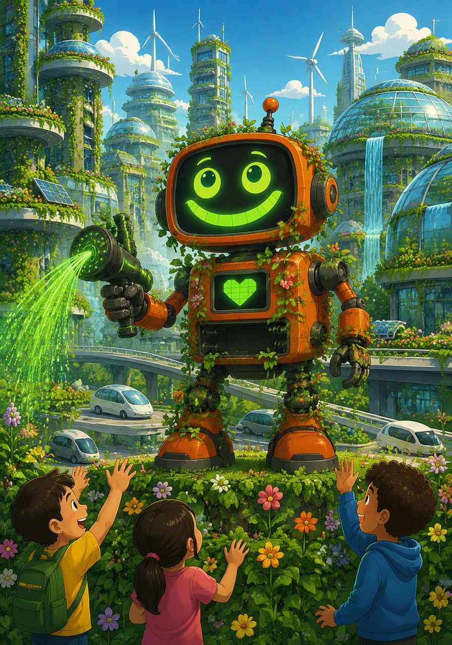Years later, the once-gray city was completely transformed into a lush, green paradise where technology and nature lived in perfect harmony. At the center of it all stood Rusty, no longer just a factory cleaner, but the proud head gardener of the brightest world imaginable.