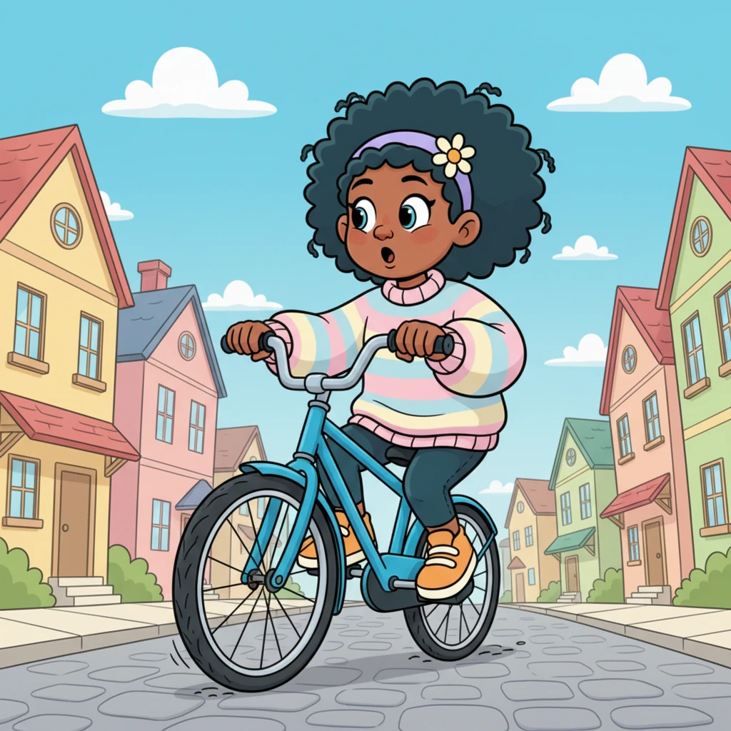Ms. P was happily pedaling her vibrant blue bicycle down a sun-drenched street, her medium black afro bouncing with each joyful push. She was humming a cheerful tune, looking forward to seeing her friend, when suddenly, with a soft hiss and a wobble, her front tire went completely flat.