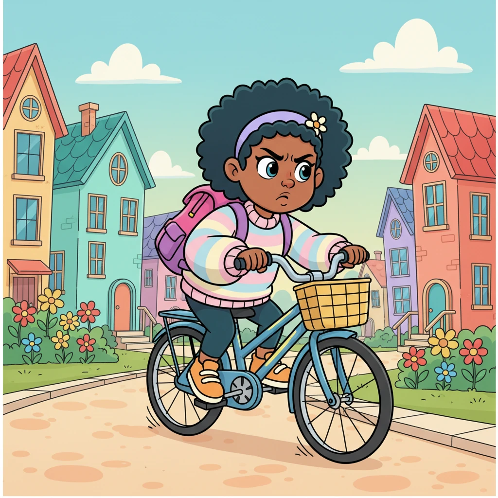 With a determined frown, Ms. P was laboriously dragging her now-heavy bike along the sidewalk, past colorful houses and blooming flowers. Her backpack felt heavier than usual, and she was really pushing herself when her arms began to protest with a dull ache, making her sigh dramatically.
