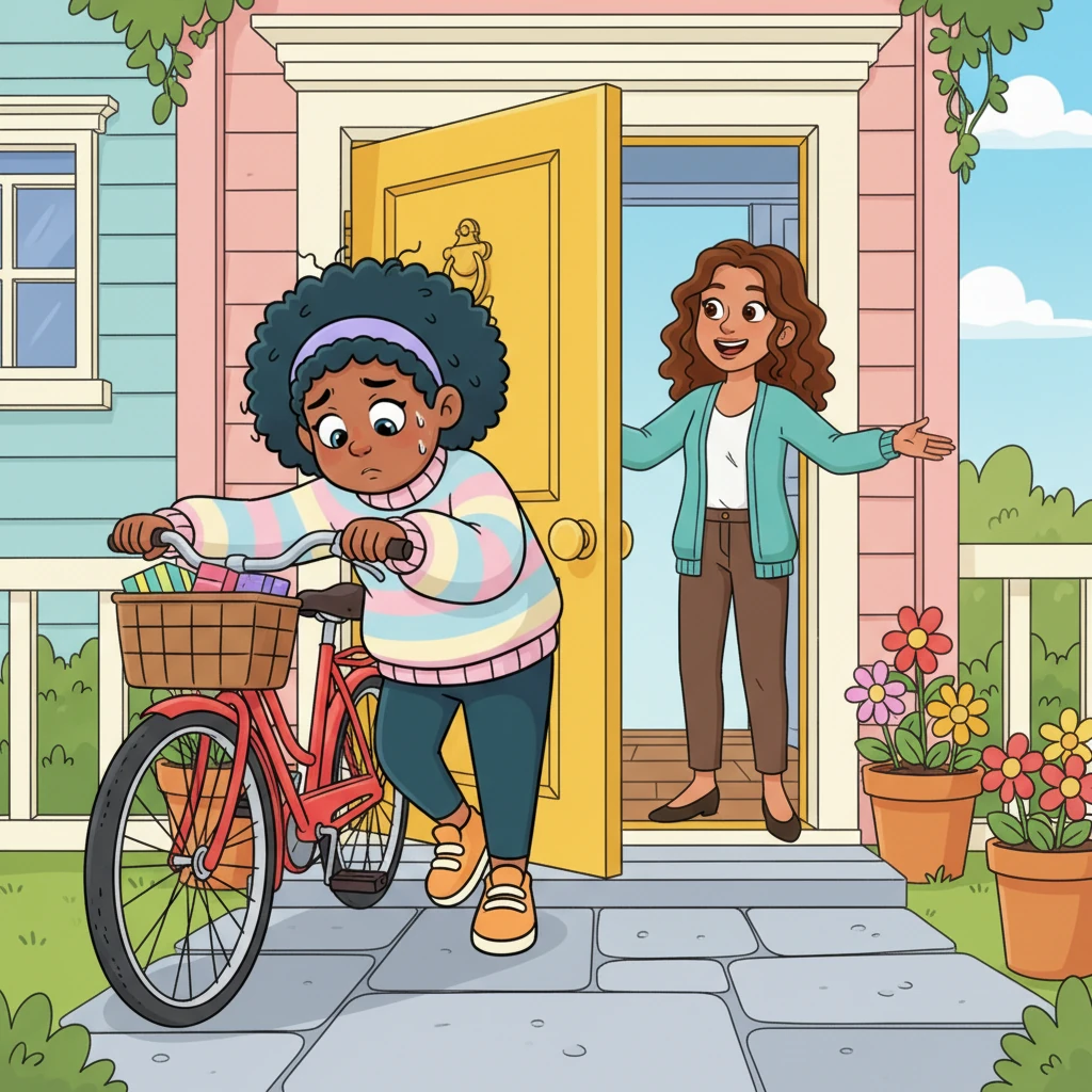 Finally reaching her friend's bright yellow front door, Ms. P was leaning against her bike, completely winded and glistening with sweat, feeling utterly exhausted from her journey. Just as she was about to knock, the door swung open, and her friend, with a wide, welcoming grin, appeared.
