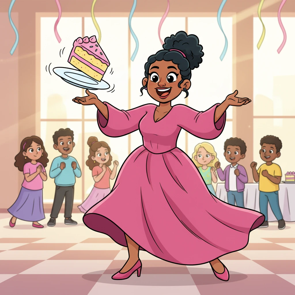 Inside, Ms. P was sparkling in her beautiful, flowy pink dress, chatting animatedly and holding a plate piled high with a delicious, wobbly slice of cake. She was laughing heartily, enjoying the festive atmosphere, when her hands, perhaps a little too enthusiastically, let the plate slip, sending the cake tumbling.