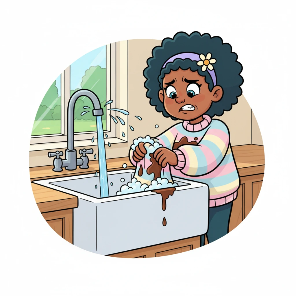 Rushing to the kitchen sink, Ms. P was trying her very best to scrub the sticky cake stain from her lovely dress, hoping to salvage her outfit. She was vigorously rubbing the fabric under the running water when, with a gurgle and a sputter, the water flow abruptly stopped, leaving her with a foamy, half-rinsed mess.