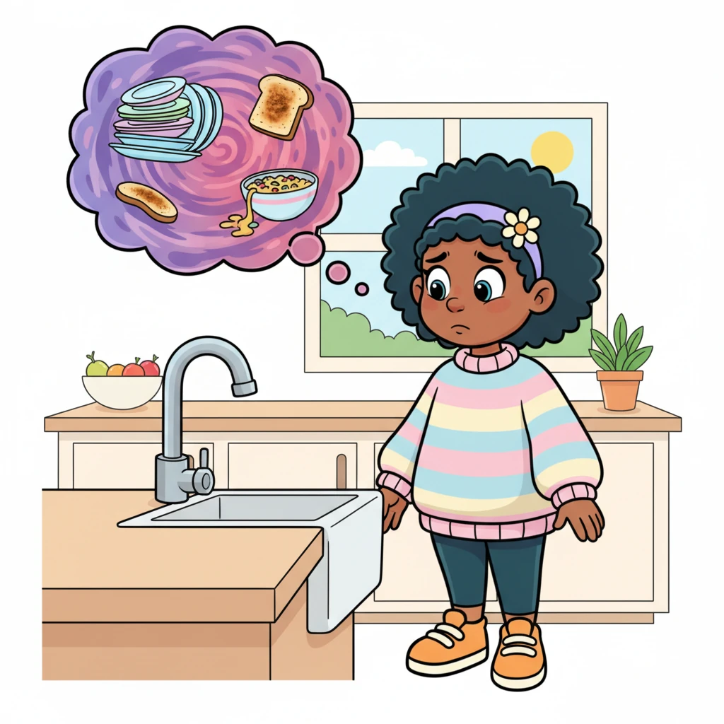 Ms. P was standing frozen by the sink, her eyes wide with disbelief as she stared at the now-dry faucet, a bubble of frustration rising inside her. She was feeling utterly perplexed and wondering what else could go wrong when a clear thought popped into her head: "This is definitely one of *those* days."