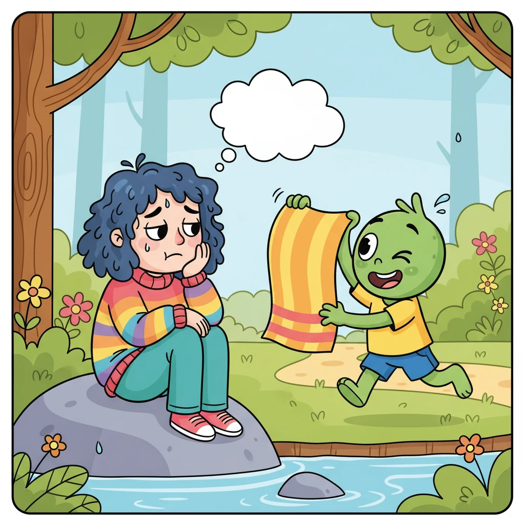 Still a little damp and disheveled from her misadventures, Ms. P was sighing softly, contemplating her series of unfortunate events. She was about to give up on the day when her friend, noticing her slump, skipped over with a playful wink and a giant, fluffy towel, suggesting they just "dance it out" instead.